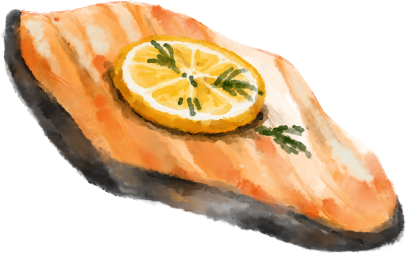 watercolor painting steak salmon fillet lemon thyme seafood illustration